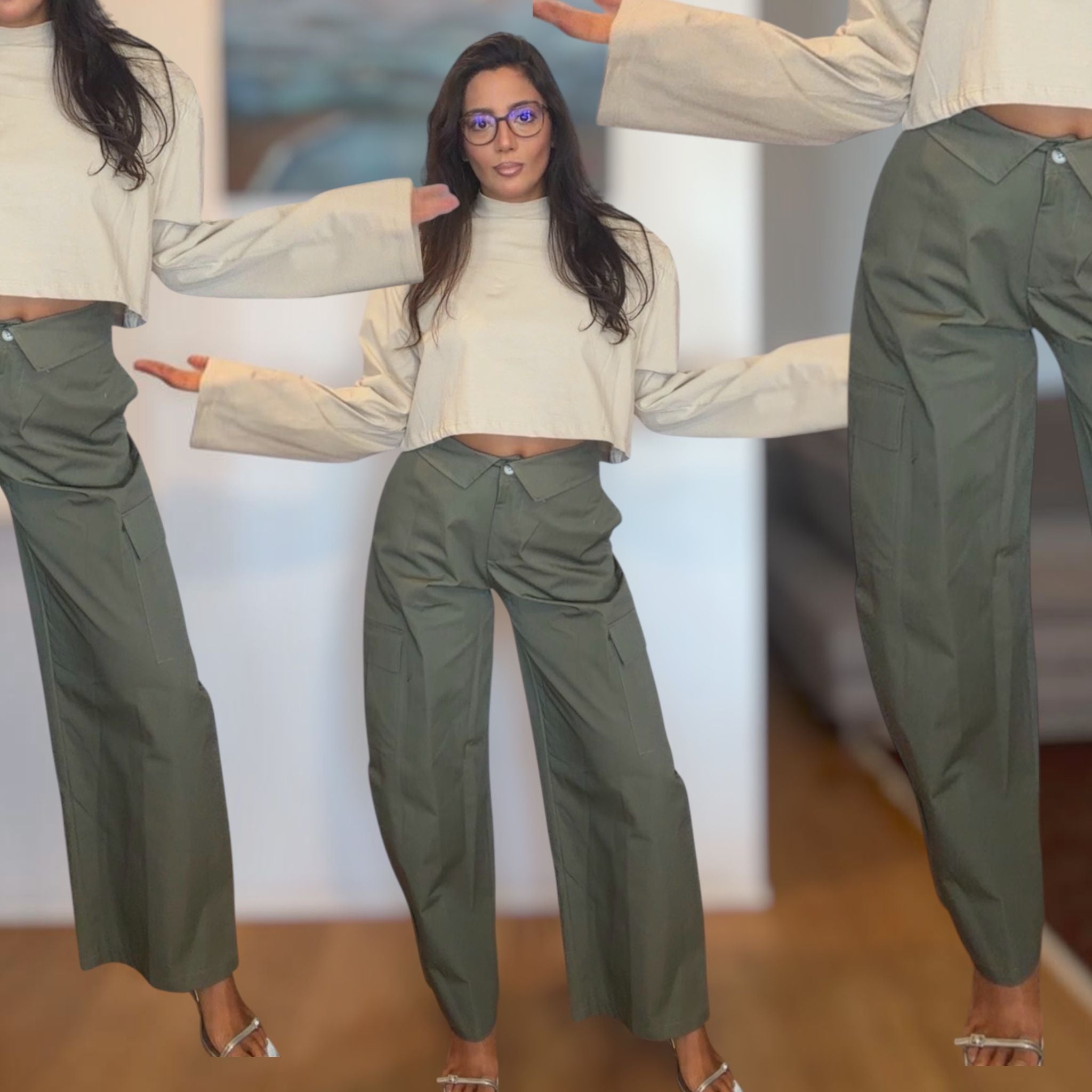 [NenaShop] CARGO Pantaloni Cargo in Puro Cotone con Dettaglio in Vita Tascone Latetale e Vestibilita Baloon Taglia Unica