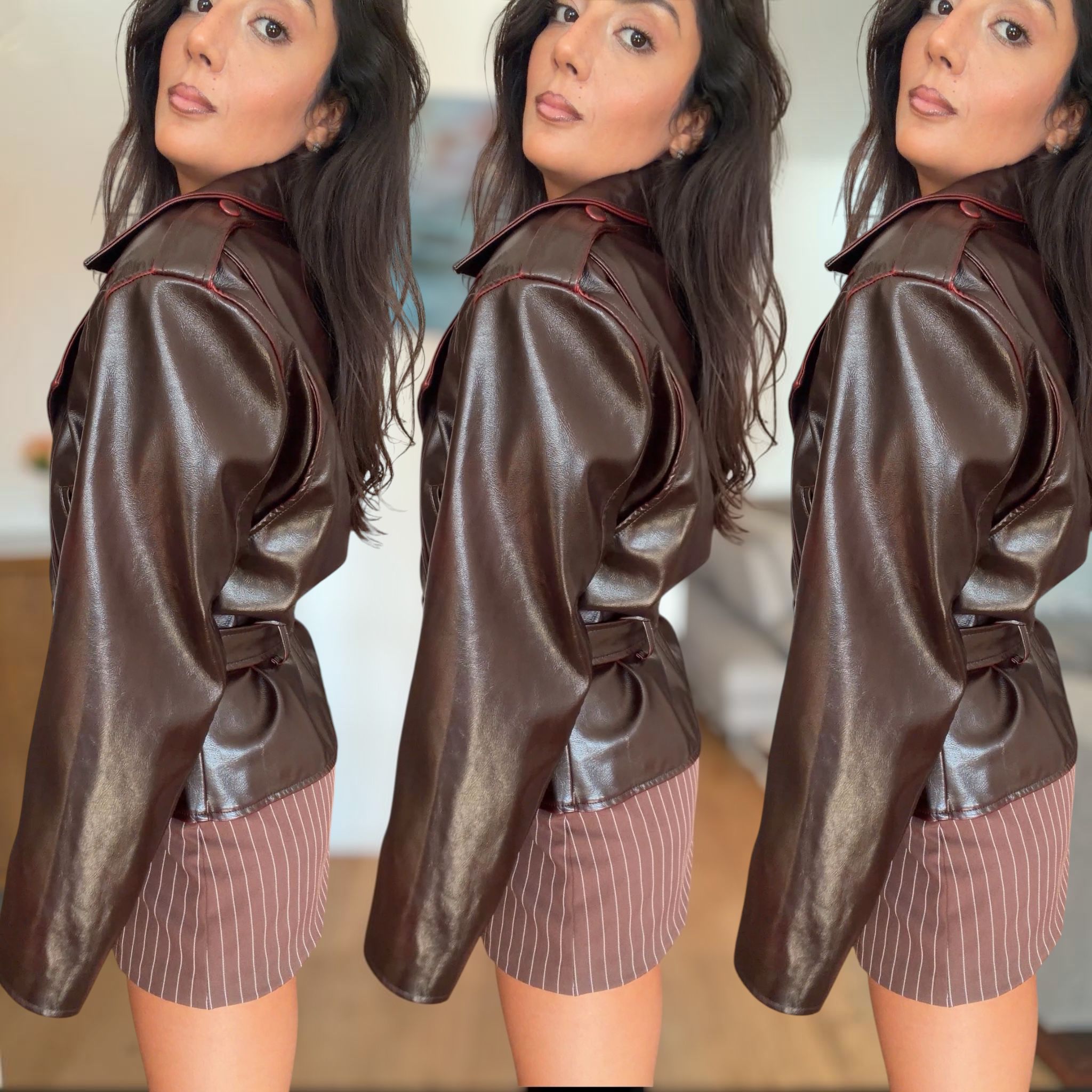 [NenaShop] CLASSIC Giubotto in Ecopelle Con Cintura e Dettagli Con Bottoni Polsi e Spalle Foderato Internamente