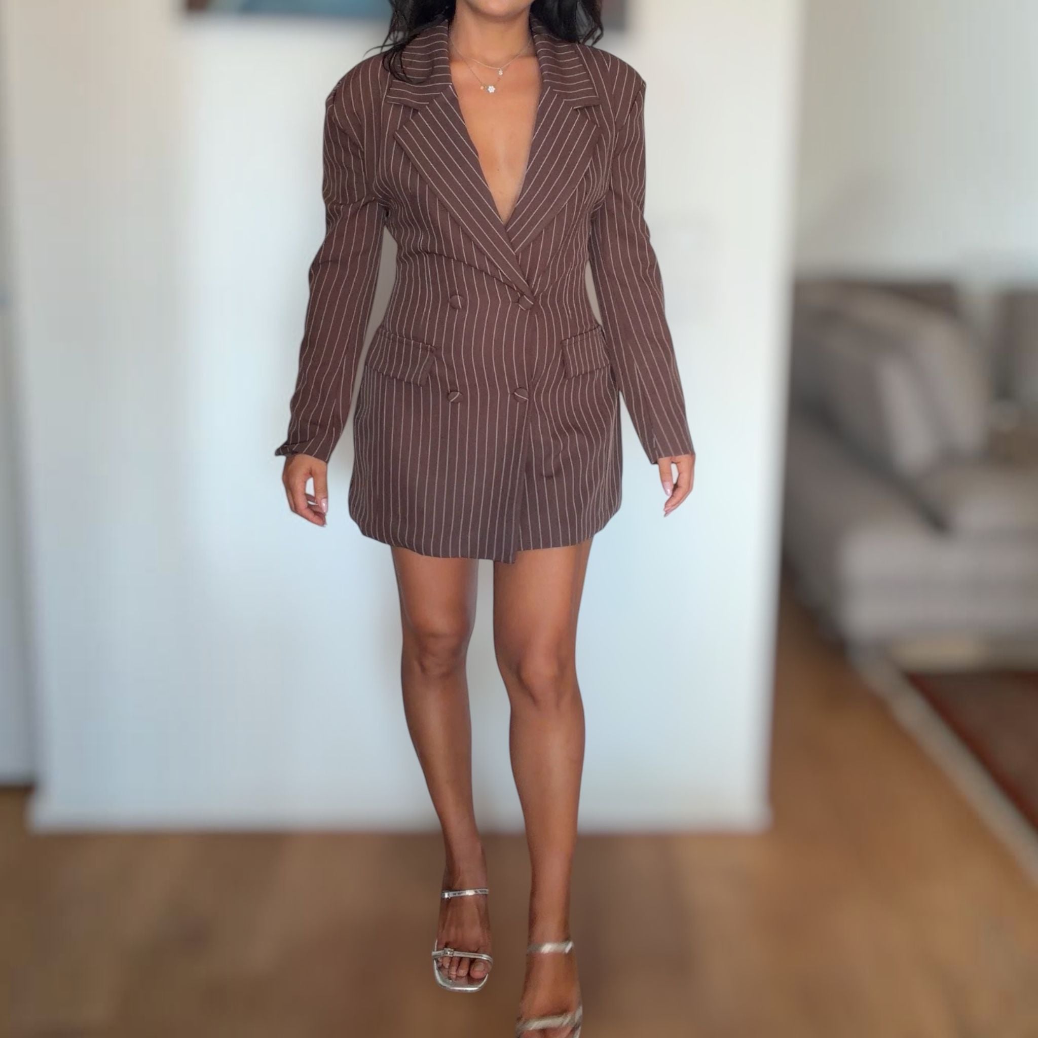[NenaShop] PAM Vestito e Blazer Gessato Doppio Petto Scollo a V Manica Lunga Con Cinturino Sul Retro