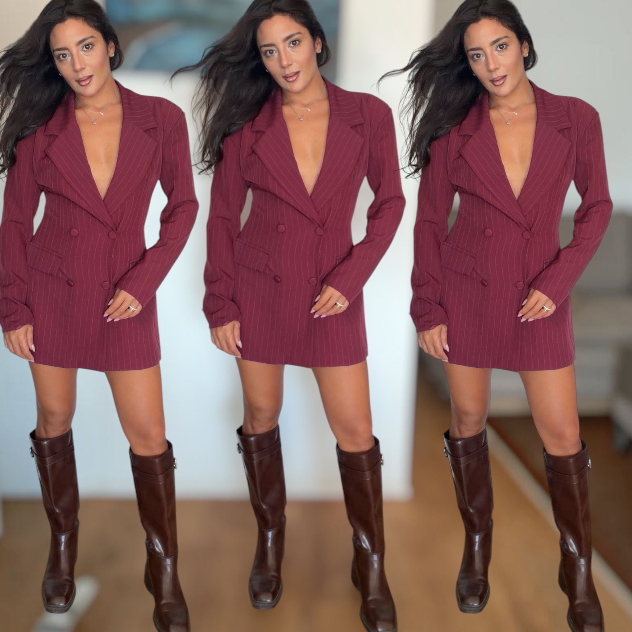[NenaShop] PAM Vestito e Blazer Gessato Doppio Petto Scollo a V Manica Lunga Con Cinturino Sul Retro
