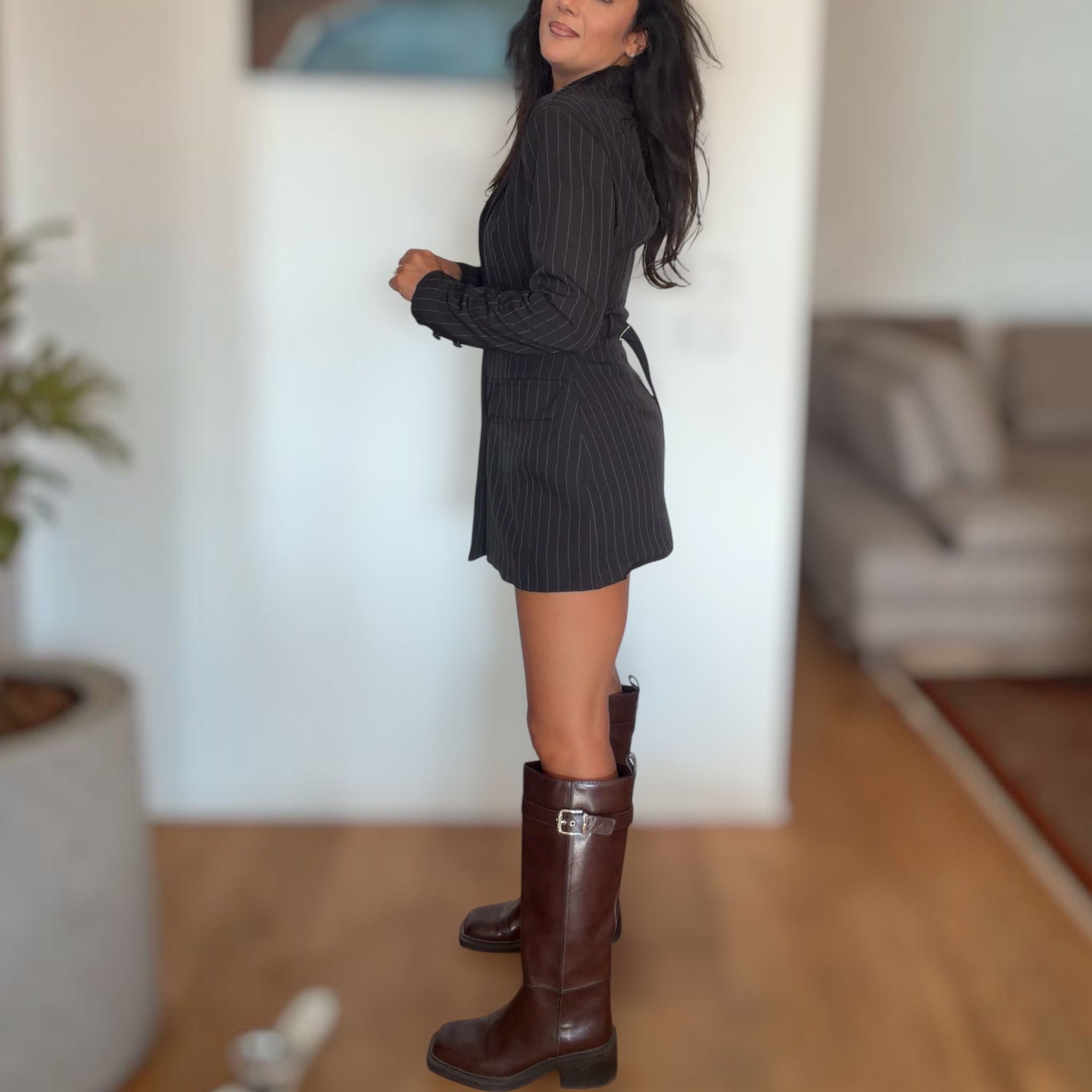 [NenaShop] PAM Vestito e Blazer Gessato Doppio Petto Scollo a V Manica Lunga Con Cinturino Sul Retro