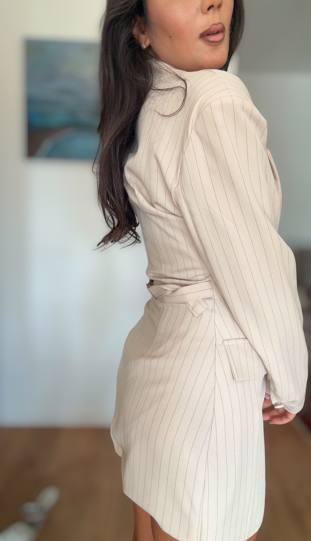 [NenaShop] PAM Vestito e Blazer Gessato Doppio Petto Scollo a V Manica Lunga Con Cinturino Sul Retro