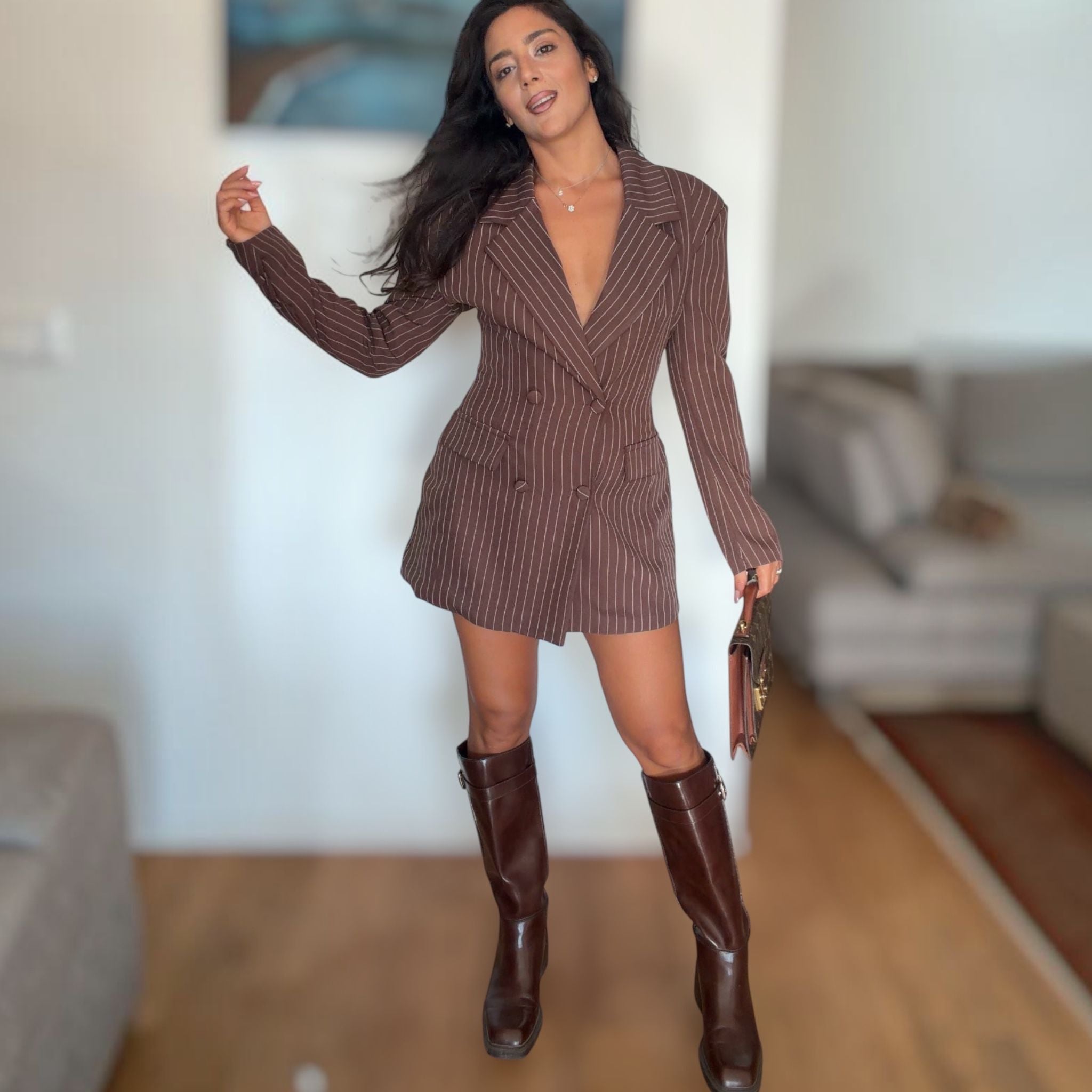 [NenaShop] PAM Vestito e Blazer Gessato Doppio Petto Scollo a V Manica Lunga Con Cinturino Sul Retro