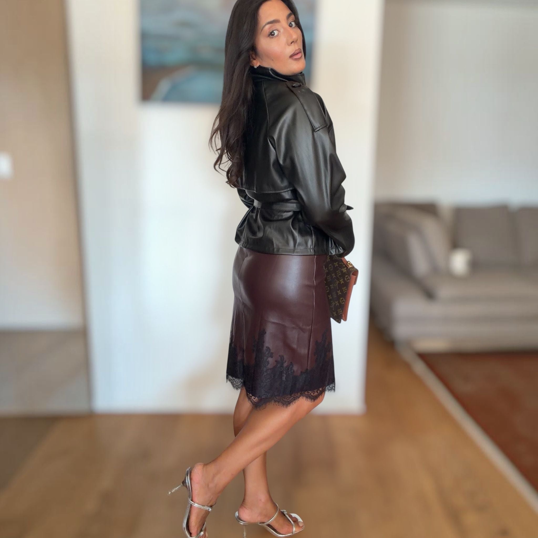 [NenaShop] POLLY Giacca Trench in Ecopelle a Collo Alto con Cintura in Vita