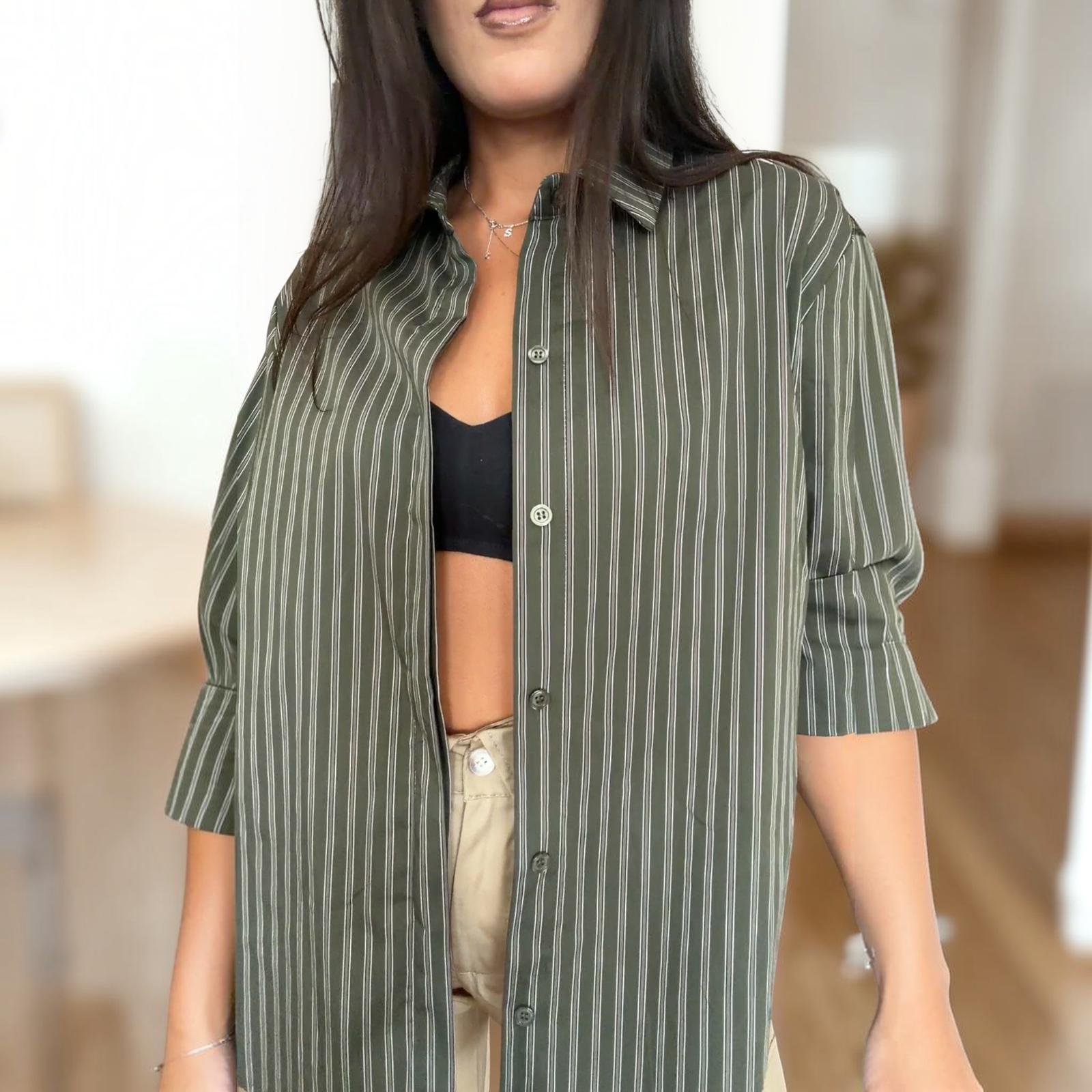[NenaShop] RIGA Camicia in Puro Cotone a Righe con Maniche a Tre Quarti Per Ufficio Abbigliamento Casual