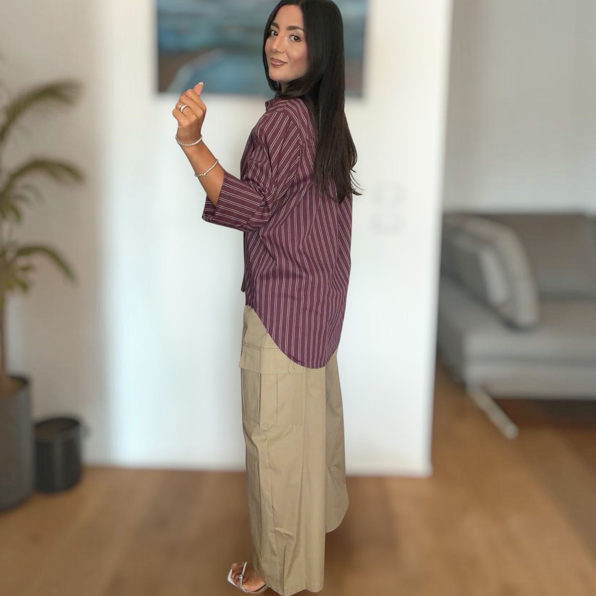 [NenaShop] RIGA Camicia in Puro Cotone a Righe con Maniche a Tre Quarti Per Ufficio Abbigliamento Casual