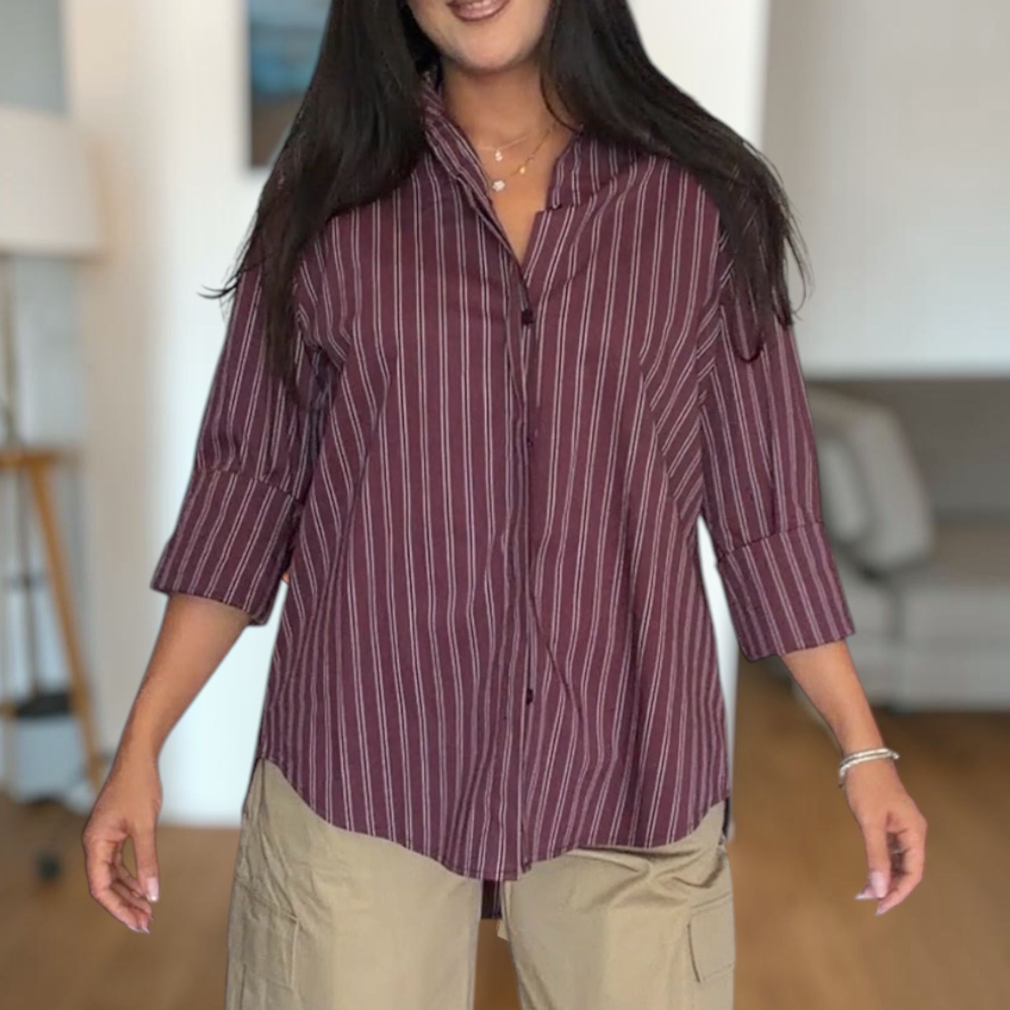[NenaShop] RIGA Camicia in Puro Cotone a Righe con Maniche a Tre Quarti Per Ufficio Abbigliamento Casual
