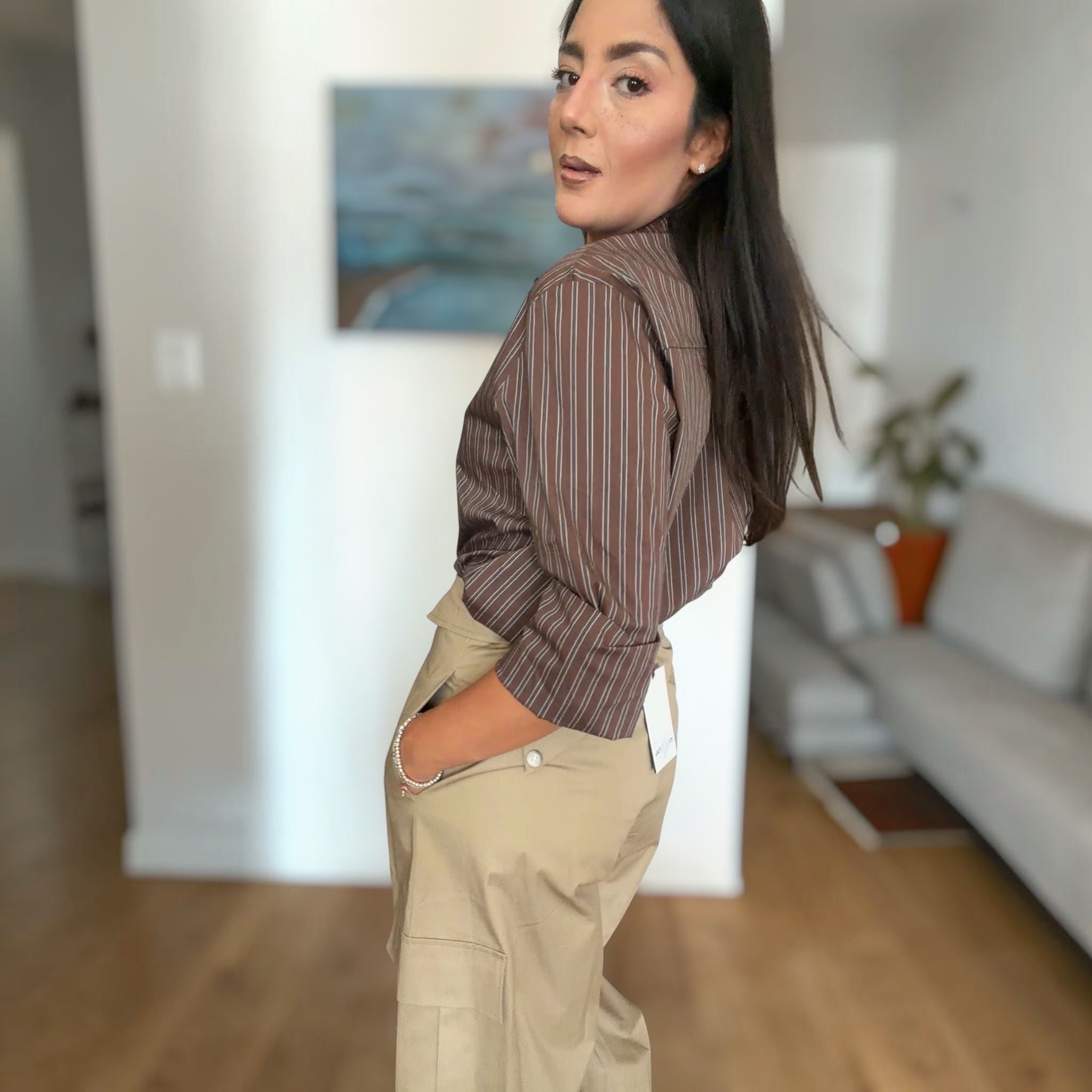 [NenaShop] RIGA Camicia in Puro Cotone a Righe con Maniche a Tre Quarti Per Ufficio Abbigliamento Casual