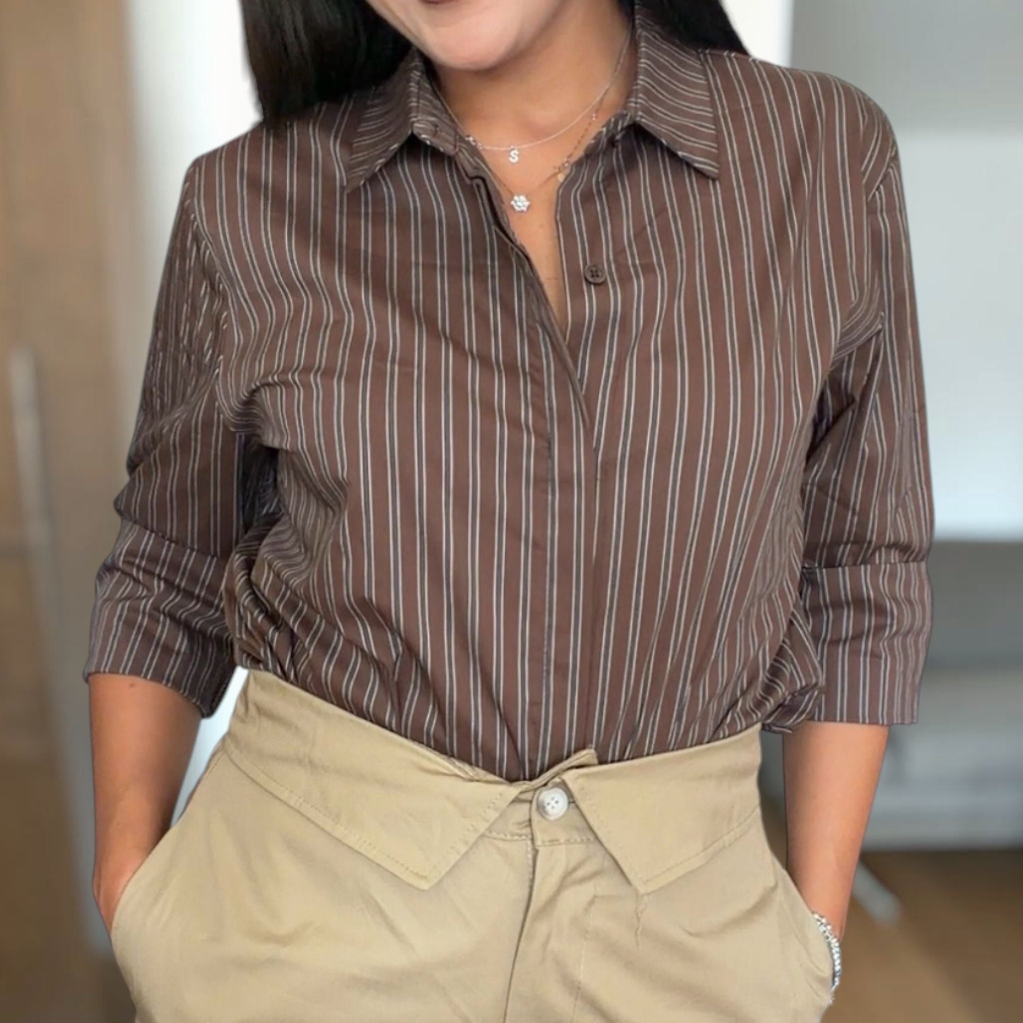 [NenaShop] RIGA Camicia in Puro Cotone a Righe con Maniche a Tre Quarti Per Ufficio Abbigliamento Casual