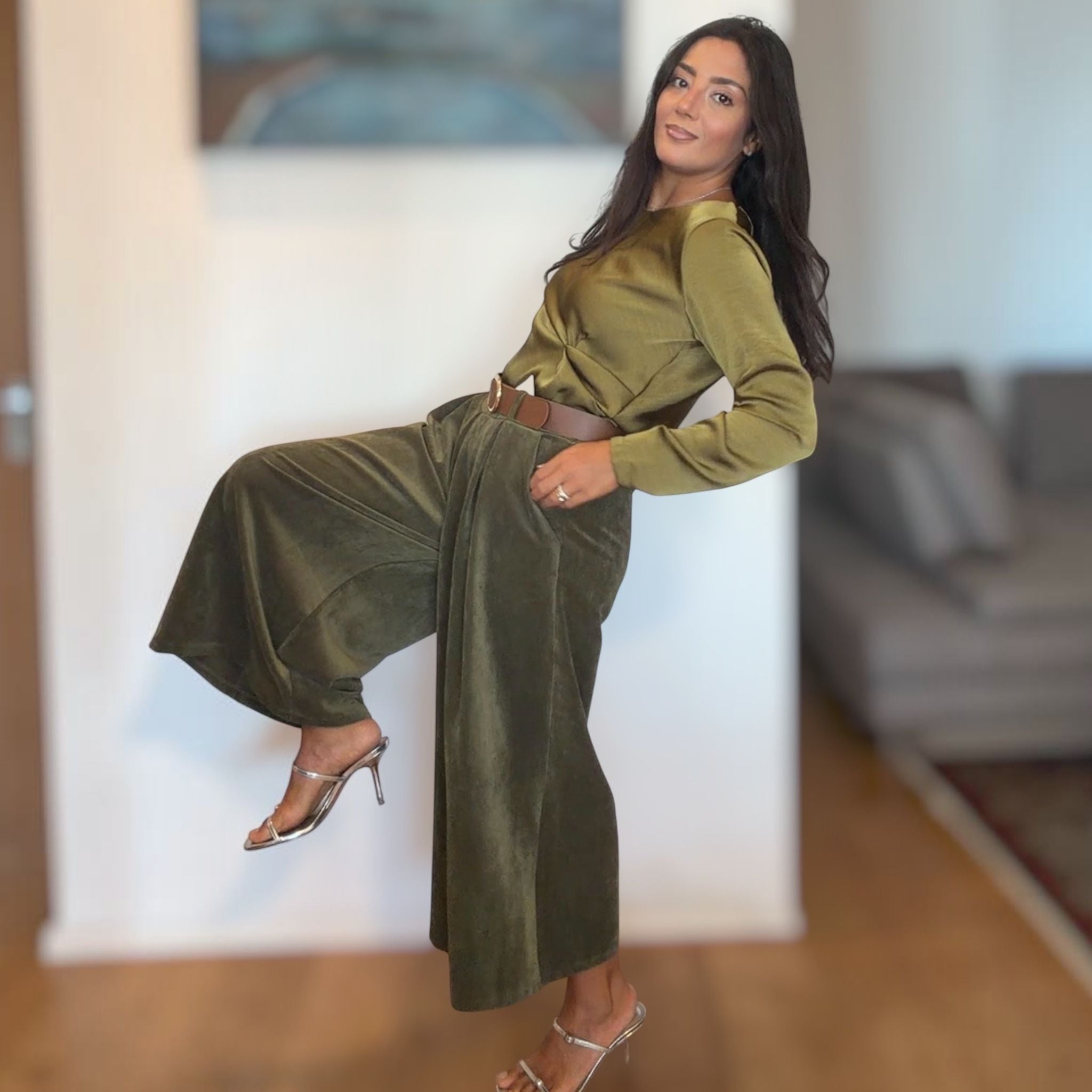[NenaShop] WINNY Pantaloni a Zampa Larga in Simil Velluto a Costine con Tasche e Cintura Inclusa