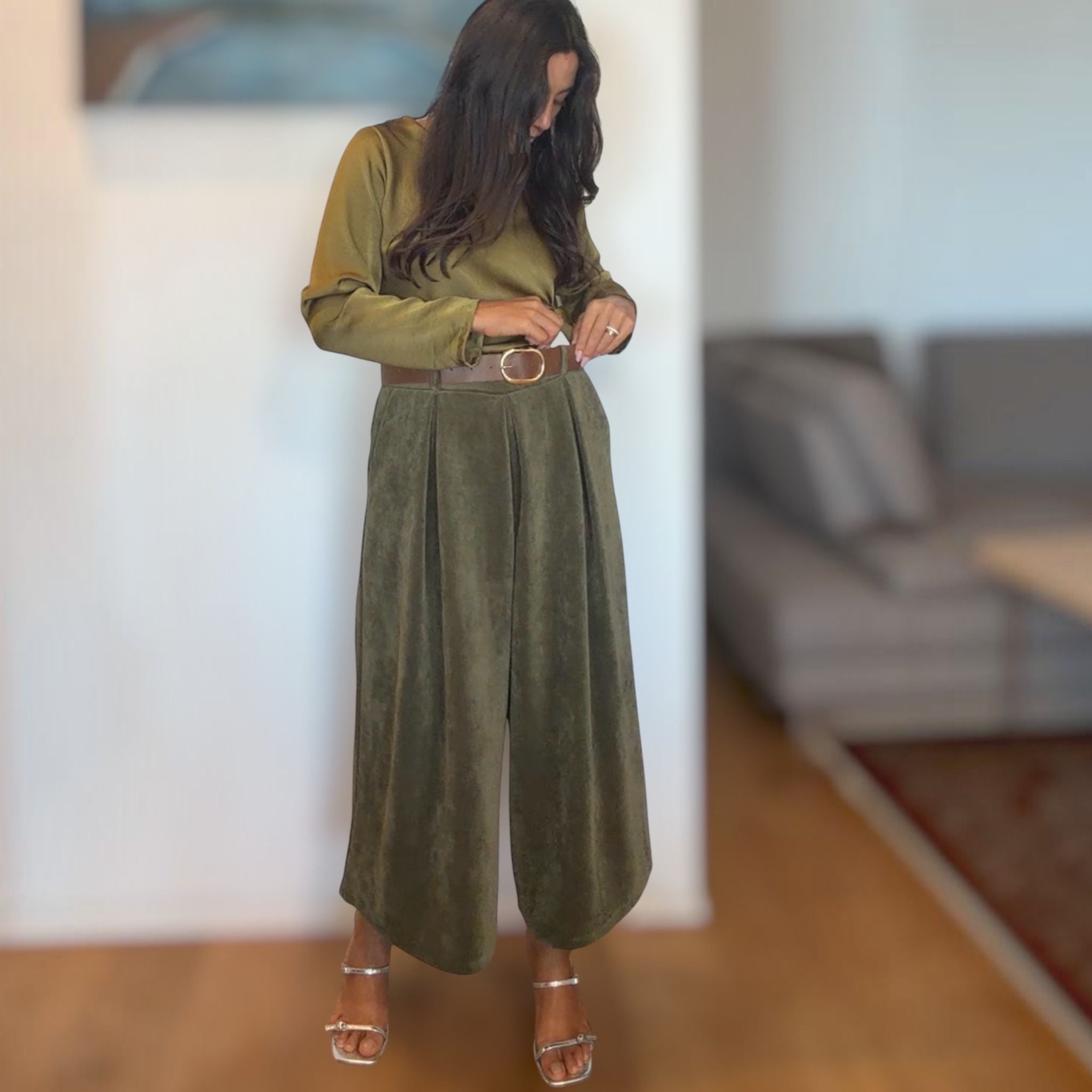 [NenaShop] WINNY Pantaloni a Zampa Larga in Simil Velluto a Costine con Tasche e Cintura Inclusa