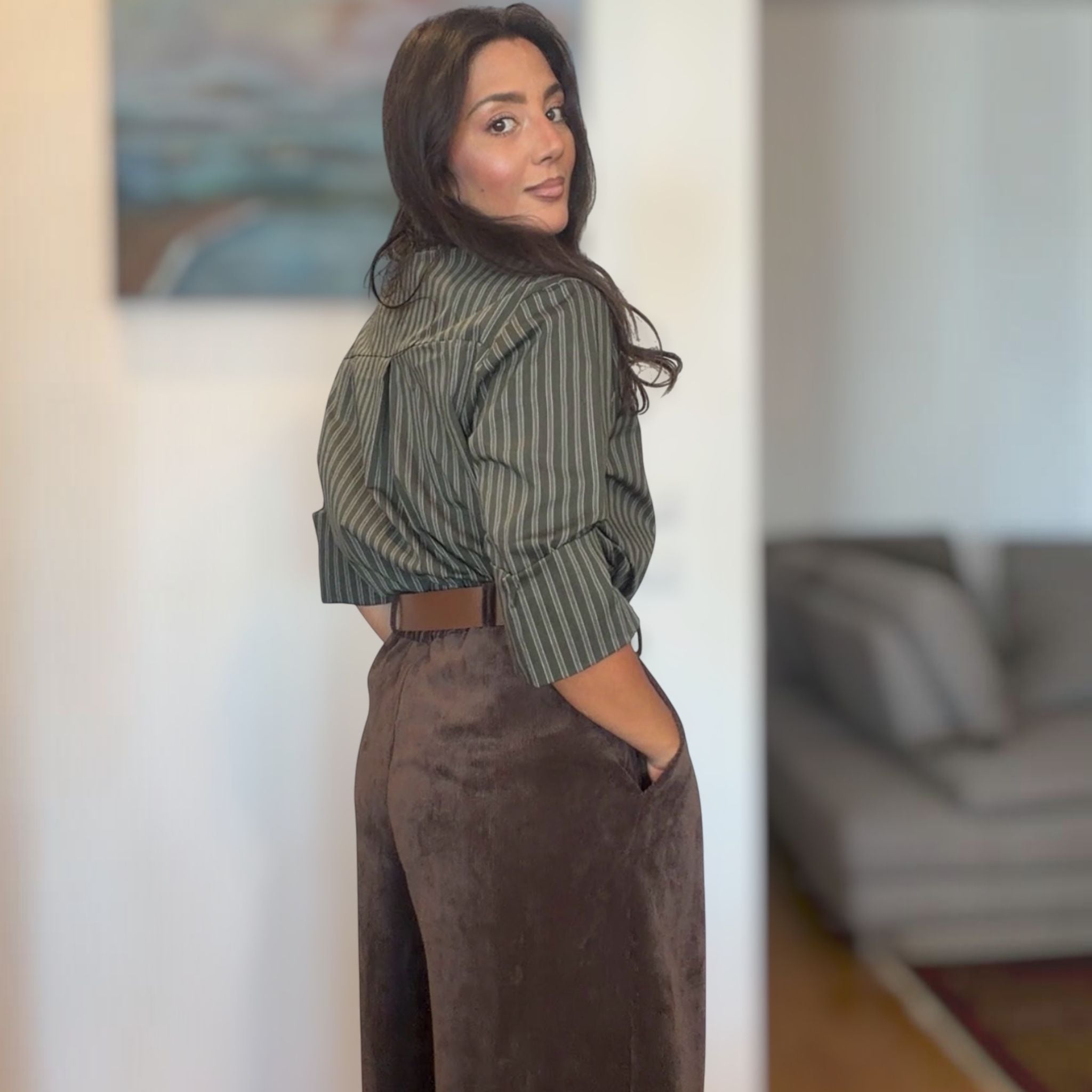 [NenaShop] WINNY Pantaloni a Zampa Larga in Simil Velluto a Costine con Tasche e Cintura Inclusa