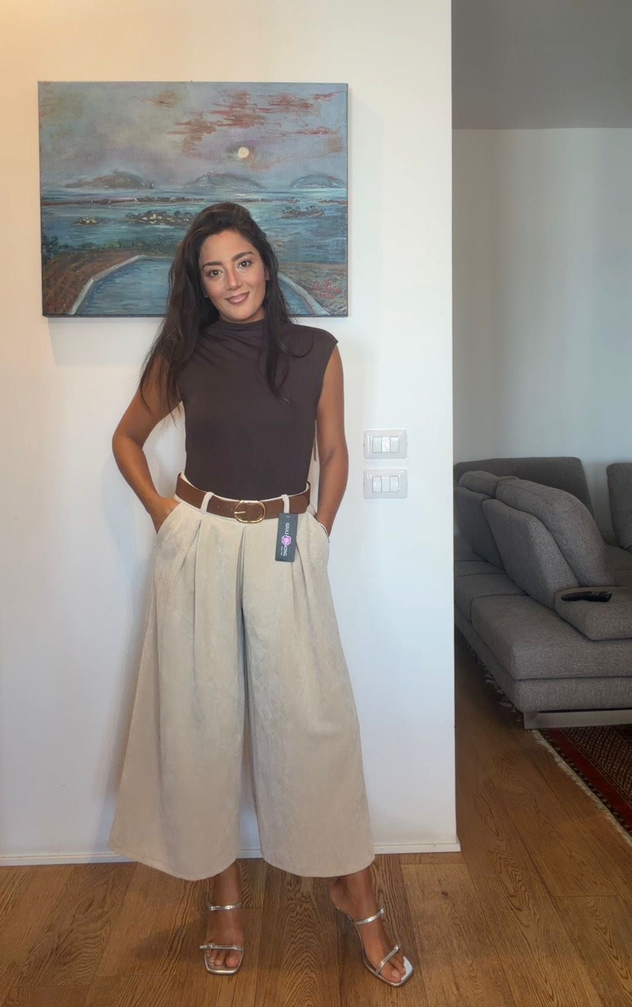 [NenaShop] WINNY Pantaloni a Zampa Larga in Simil Velluto a Costine con Tasche e Cintura Inclusa
