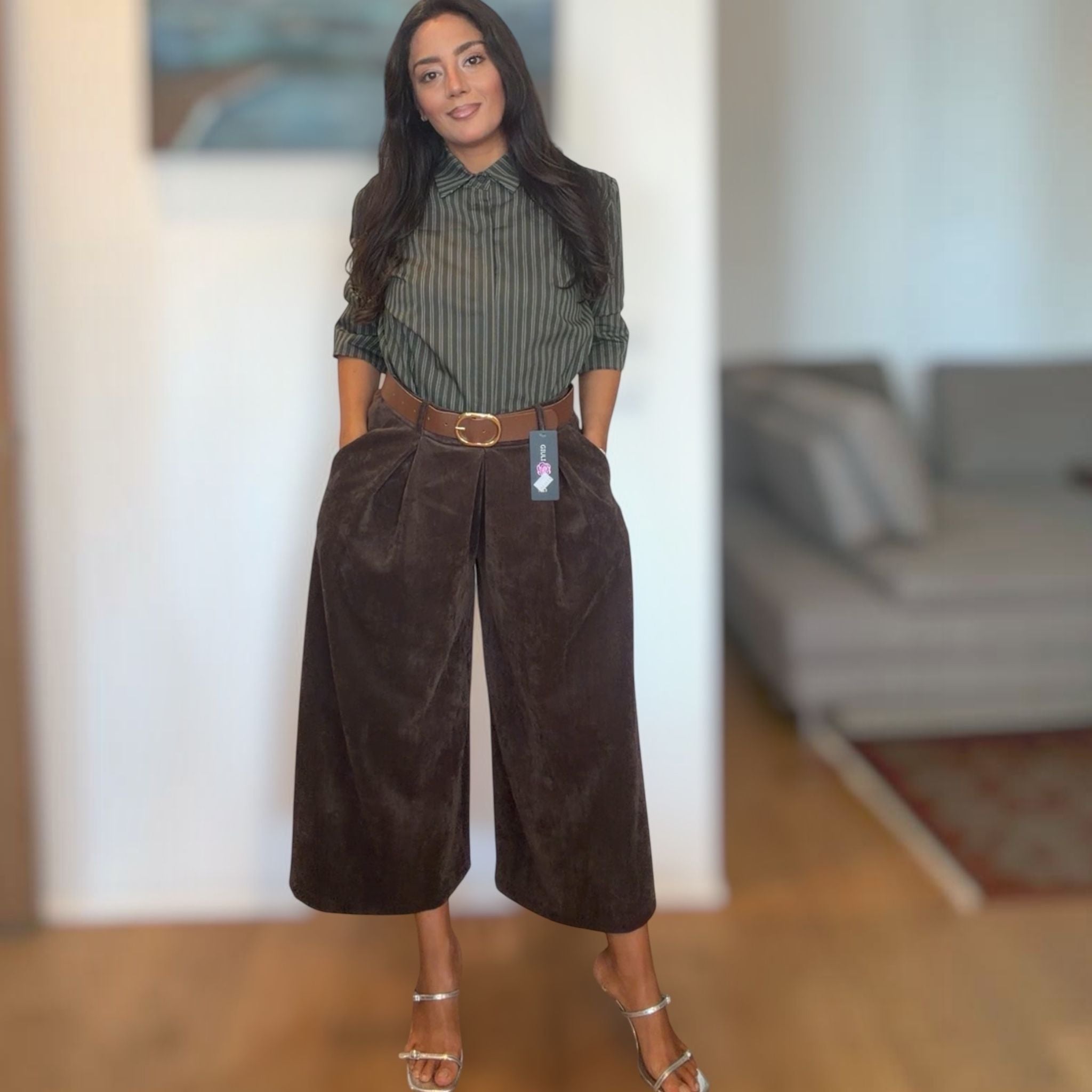 [NenaShop] WINNY Pantaloni a Zampa Larga in Simil Velluto a Costine con Tasche e Cintura Inclusa