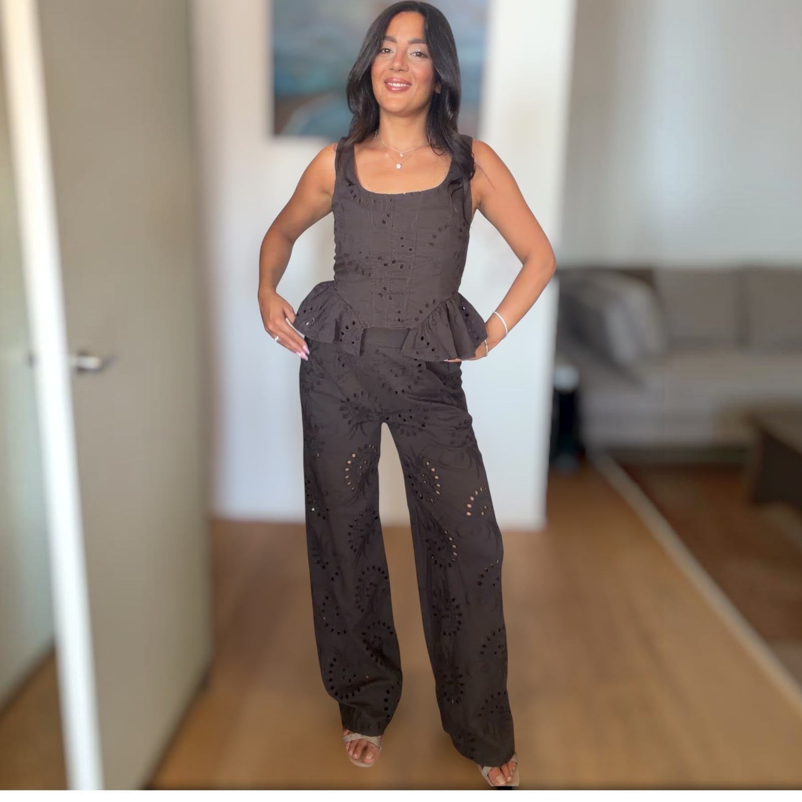 COORDINATO ALIDA IN COTONE PIZZO SANGALLO PANTALONE E TOP