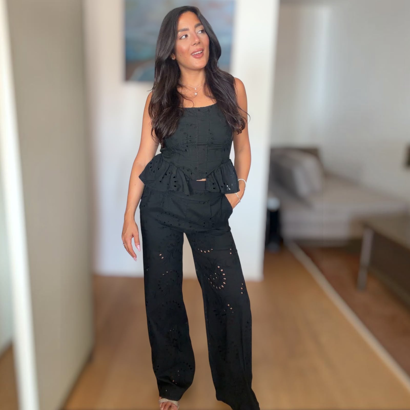 COORDINATO ALIDA IN COTONE PIZZO SANGALLO PANTALONE E TOP