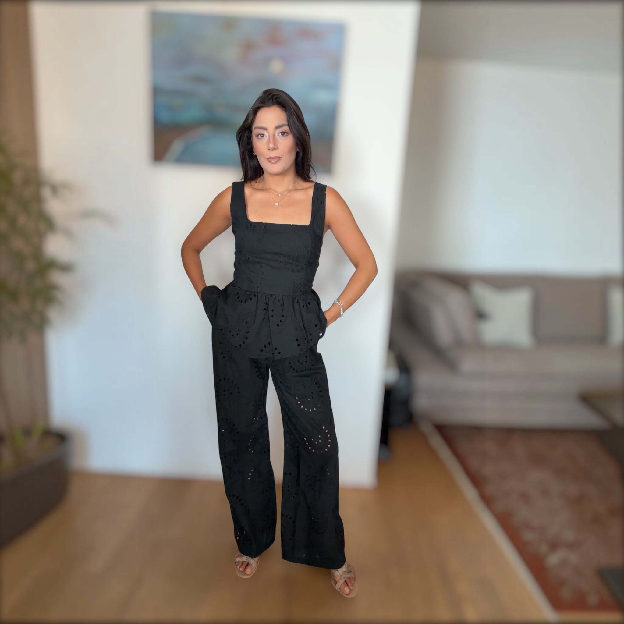 SET ELISIA IN COTONE PIZZO SANGALLO PANTALONE E TOP